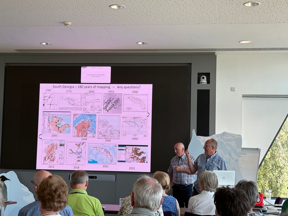 The final slide titled “South Georgia - 280 years of mapping - any questions?”  The slide has many small images of maps through time, each one increasing in accuracy. 