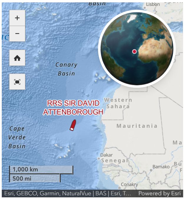 A screenshot of a map showing the location of the RRS Sir David Attenborough, travelling north off the west of Africa. A globe inset shows the location in a wider context.
