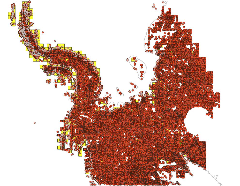 A screenshot of 59,261 spot heights in West Antarctica and the Antarctic Peninsula. This is the initial version, before reducing the density. Each point is shown as a red dot, the coastline of Antarctica is displayed as a grey line, and the yellow squares are the extent of some of the REMA tiles.