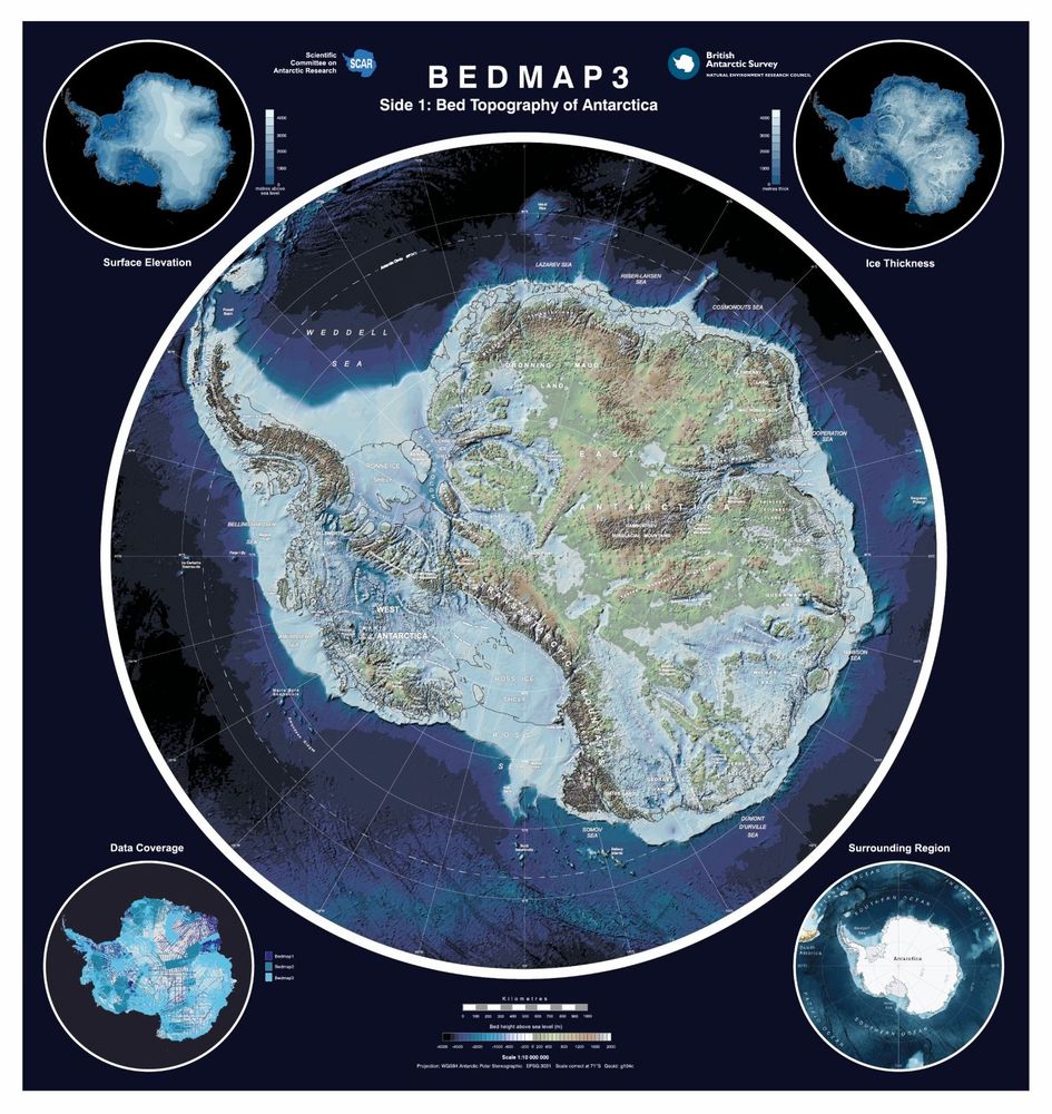Bedmap 3 map side 1, showing the bed topography of Antarctica. 4 small roundel maps are shown in the corners presenting different datasets of interest, related to the project.