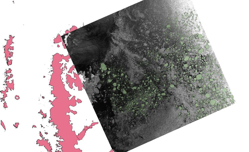 A screenshot of a SAR image at the north-east end of the Antarctic Peninsula. The digitised ice floes are highlighted in semi-transparent green. The image is from 31st Dec. 2020.