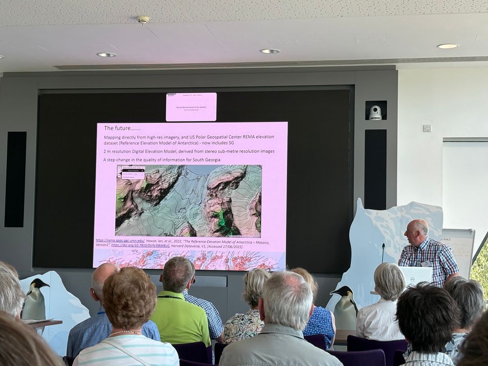 A slide with the text “The future” at the top. The slide then describes the latest satellite-derived elevation model that covers South Georgia at 2m spatial resolution. 