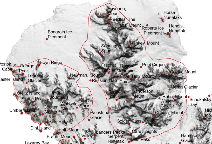 An in-progress screenshot of two polygon boundaries in northern Alexander Island - the boundaries are for the Rouen Mountains and Havre Mountains. The map contains a hillshade, and place name locations are displayed with red points.