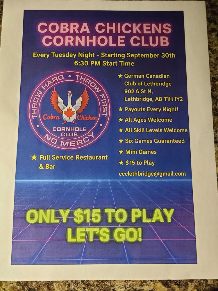 Invitation and information poster for the Lethbridge Cobra Chickens Cornhole Club