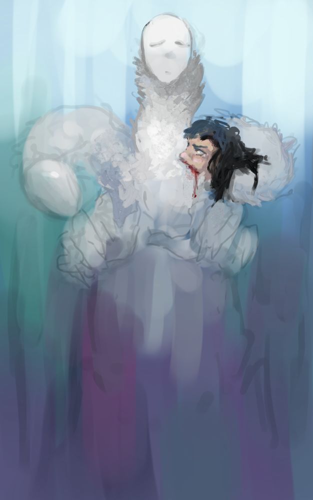 painting of a beast with 3 hears, one featureless, one doll-like and serene, and one human. the human head is biting the neck of the doll-like one to no effect.