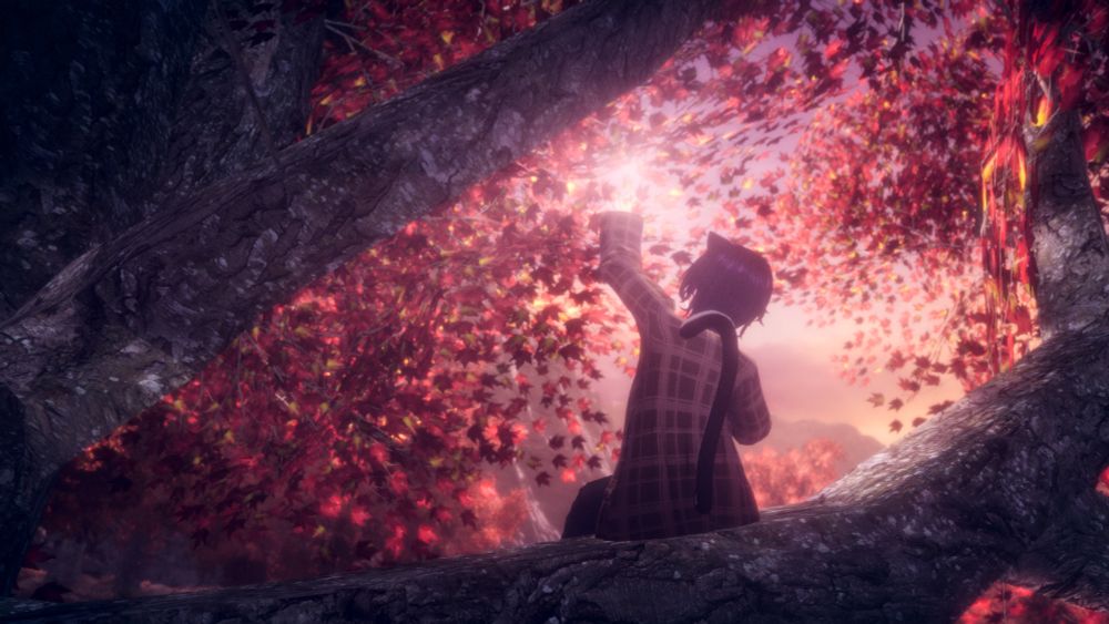 A VRChat photo. A catboy with black hair wearing a plaid jacket is seen from behind sitting on a tree branch, reaching up his left hand to "touch" the sun. He is surrounded by the tree's autumn leaves, illuminated in the bright sunlight. Through a break in the leaves, a distant mountain range is seen.