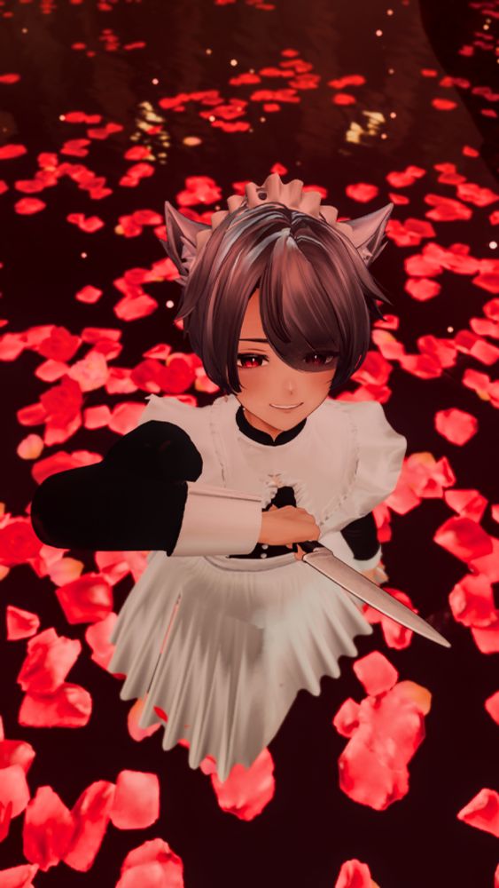 A VRChat photo. A catboy with silver hair and red eyes is framed from above standing knee-deep in a red-tinged, rose petal-covered pool of water. He's wearing a classical maid's outfit. He looks up at the camera with a relaxed smile while brandishing a knife towards it with his right hand.