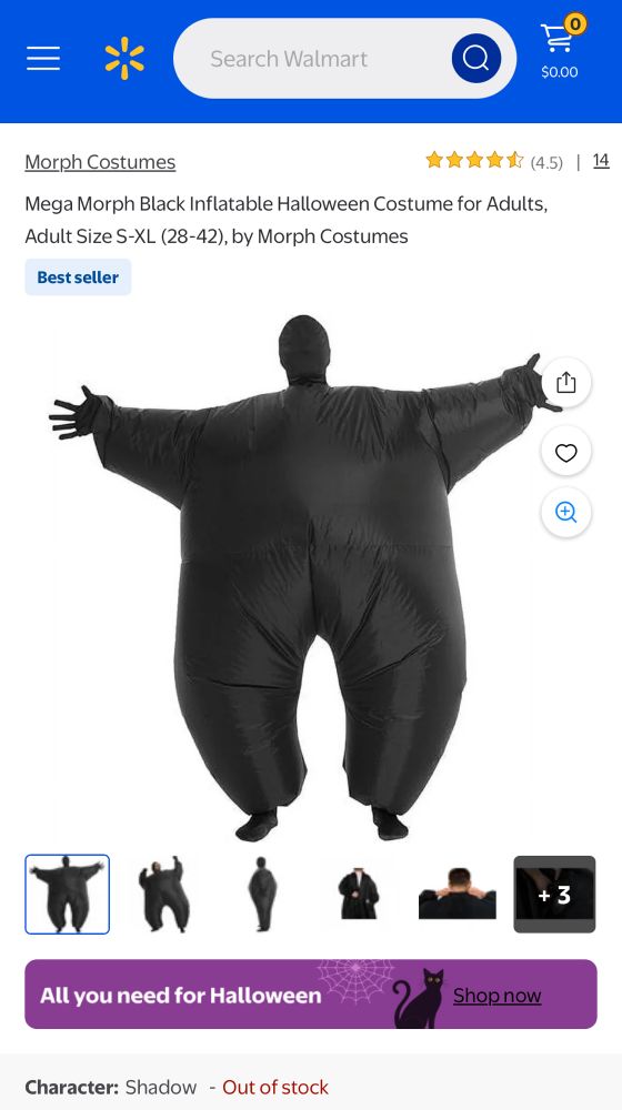 A screenshot from Walmart of an inflatable halloween costume that’s just a big black suit with a full mask that doesn’t even have eye holes.
