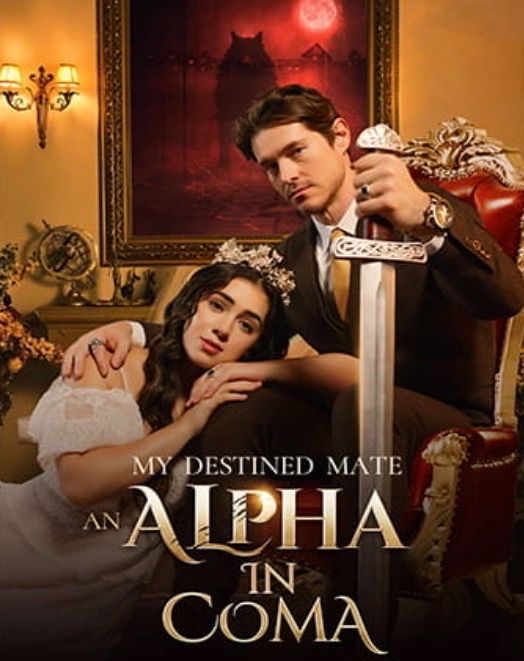 Ok, so now we have a yellow room (AI loves yellow!) with a red painting of a wolf and an assortment of gold tchotchkes that would please the president. The man is sitting in a fancy red and gold chair wearing a suit, large watch, and holding a massive sword. The woman is wearing an off the shoulder white dress and silver crown. She's sitting at his feet with her head on his knee. The title is "My Destined Mate: An Alpha in Coma" (sic)