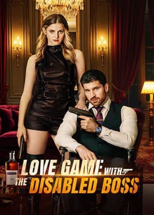 I'm honestly really torn on this one, guys. We have a sexy parlor with guess what, yellow walls and a chandelier with a red sofa and rug. A hot lady with finally, hair from the mid-thousies at the earliest (hot-rolled back and highlighted) is wearing a short satin sleeveless jumpsuit and thigh high boots. She's holding a gun (?) nightstick (?) hallucination. Next to her is a man with dark hair and a beard in a wheelchair wearing a green vest, beige shirt, and wide maroon satin tie with a large tie clip and big watch. He's holding a gun over his shoulder in her direction, though not at her, finger on the trigger. TERRIBLE form. Finger off the trigger unless you're ready to shoot. Anyway there's a bottle of whiskey in the foreground and in what could be ableism or vertical format representation, the movie (?) is called, "Love Game with the Disabled Boss". 