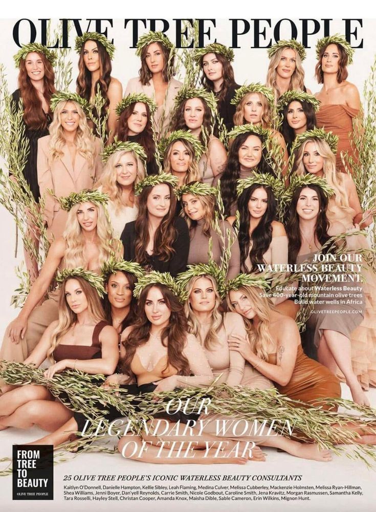 A faux magazine cover photo shoot of 25 woman who are mostly extremely extremely extremely white. All have long hair in Mormon waves. No one is heavier that maybe 125 lbs. Everyone is botoxed and fillered but not overly so. Everyone is wearing neutral colored dresses spanning from girlboss to cocktail waitress. All of them are wearing crowns of olive branches because the company is called Olive Tree People. Below, it says “our legendary women of the year” I cannot stress how creepy this is.