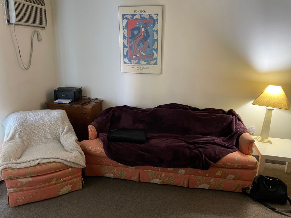 a pink floral overstuffed couch and chair, both facing the bed, not each other, one draped in a maroon blanket, the other in a white blanket. Behind the chair, strangely inaccessible is a printer on a small dresser. There’s another faded poster on the wall, an air conditioner installed in the wall with its cord running to an outlet in the middle of the wall. There’s a white lamp on a white plastic table next to the couch. everything in the room is on brown, short pile office carpet