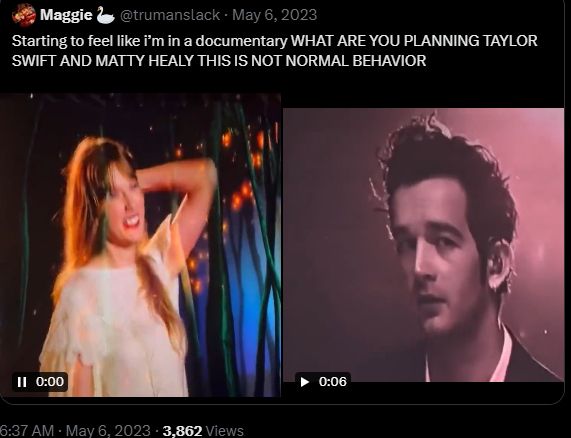 tweet de 6 de maio de 2023 com imagens do ocorrido e o texto "starting to feel like i'm in a documentary WHAT ARE YOU PLANNIN TAYLOR SWIFT AND MATTY HEALY THIS IS NOT NORMAL BEHAVIOR"