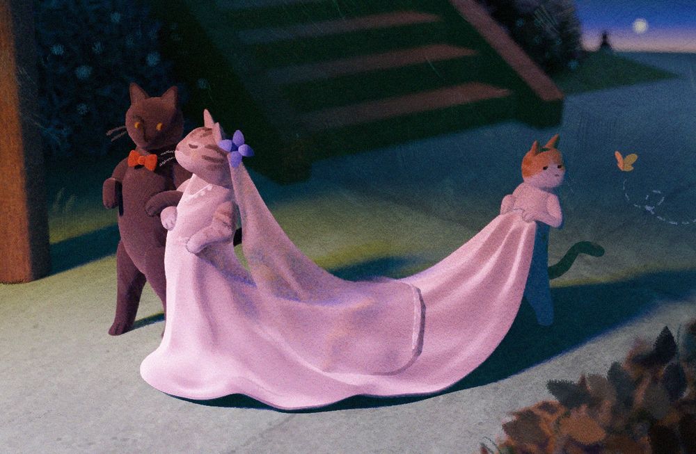 a 3d render of our neighborhood cats in wedding garb (they are married)