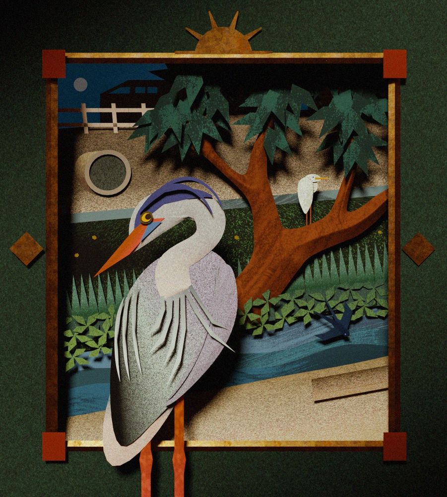 a stylized papercraft render done in blender of a night scene on the LA river - great blue heron, egret, swallow, and a train.