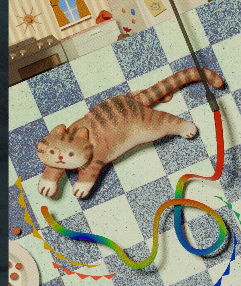 stylized 3d render of a tabby cat chasing a rainbow string.