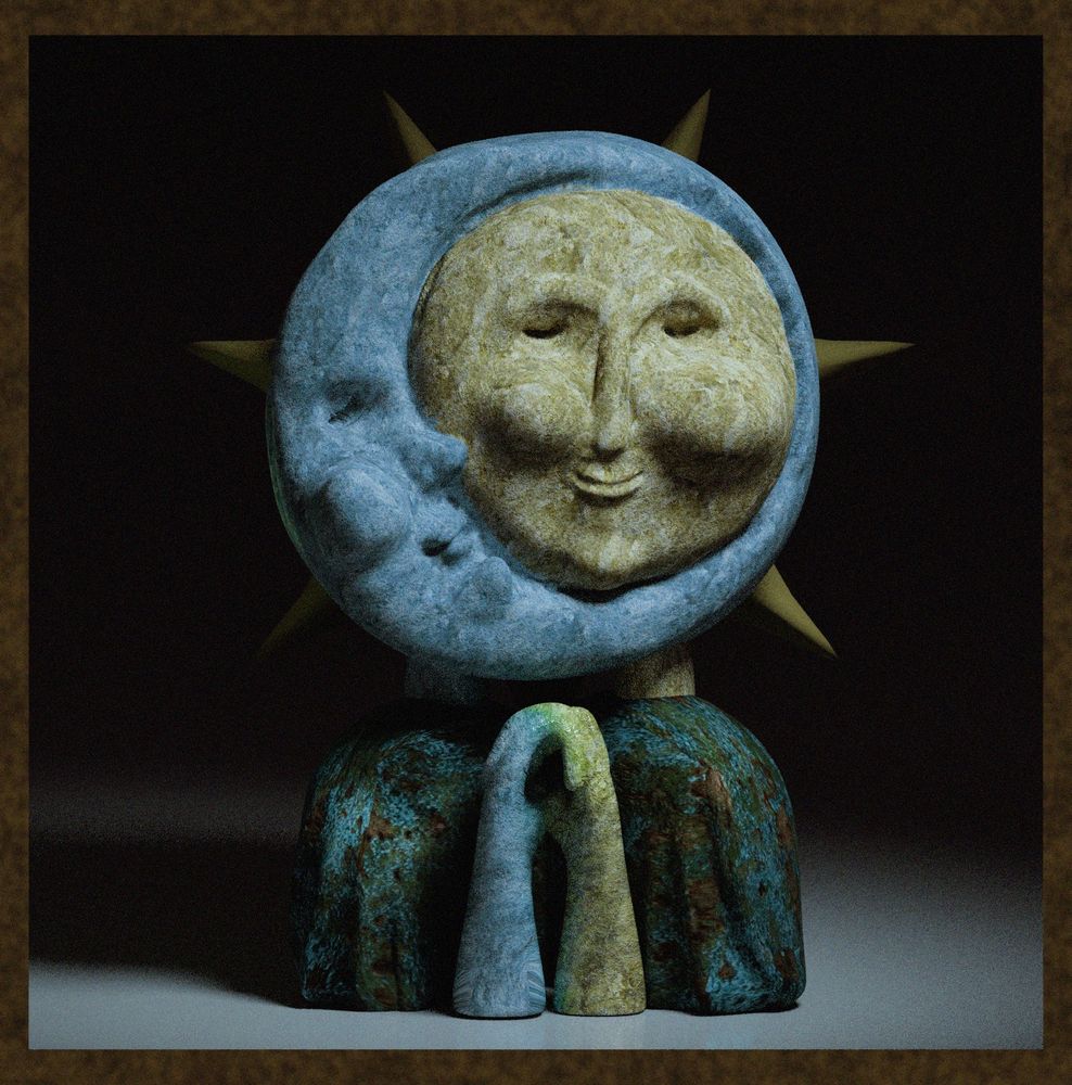 a 3d sculpture of a sun and moon figure, interlocking hands with an expression of peace.