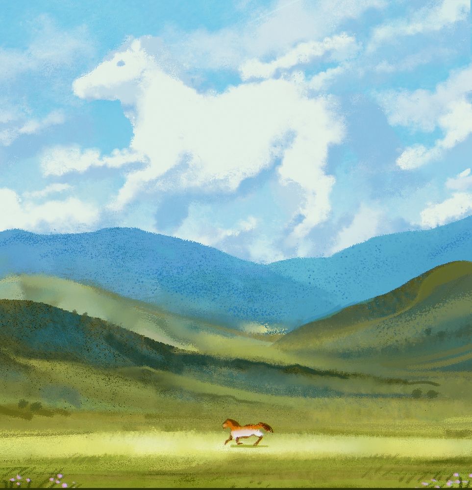 a sketchy painting of a horse running through the steppe, with a large horse made of clouds in the background.