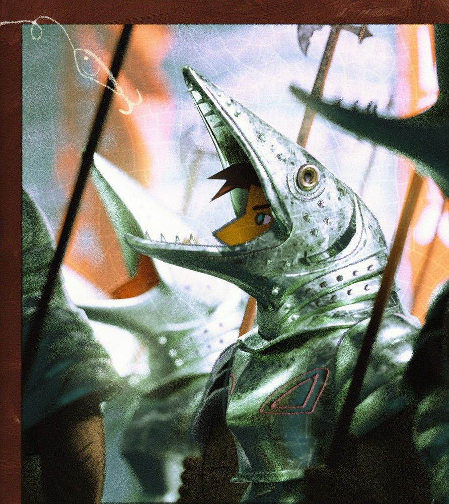 a stylized 3d render of a number of knights with fish armor. the helmets are styled after the northern pike, and they carry...pikes...the weapons.