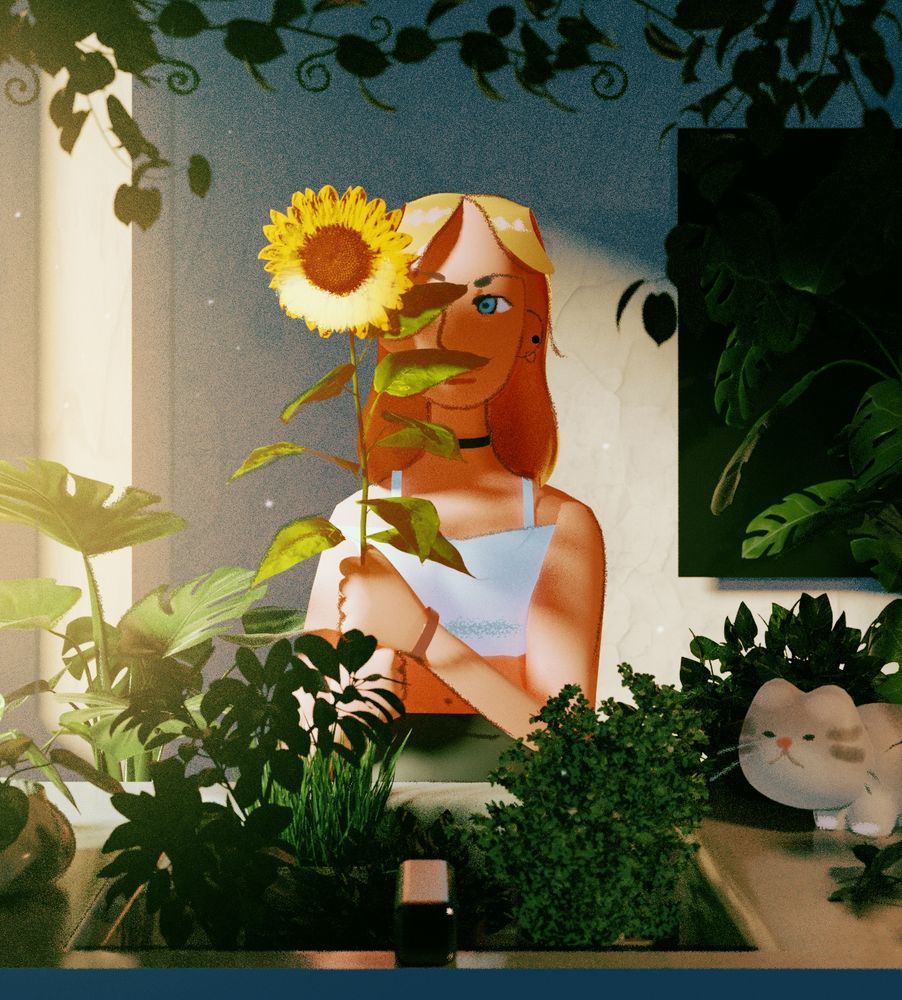 a stylized 3d render. a girl holds a sunflower in a kitchen with many plants.