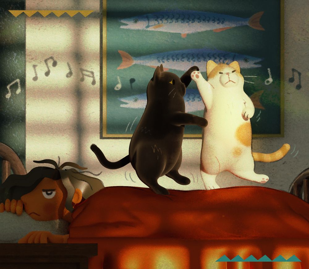 two cats dance atop a person in bed