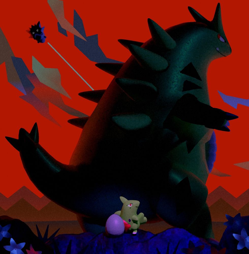 a stylized 3d render of the larvitar-pupitar-tyranitar pokemon evo line