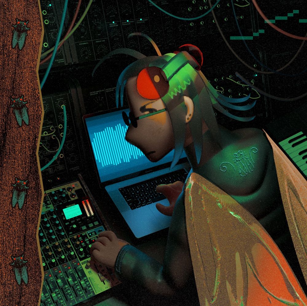 a stylized 3d render of a musician surrounded by synthesizers and other electronic music equipment. they are dressed in a cicada themed outfit.