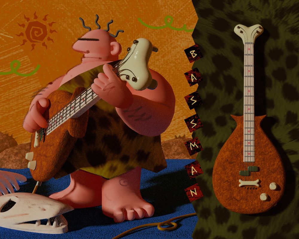 a stylized 3D render of a bass guitar that looks like a turkey leg, and a cartoon caveman puttin' it through its paces.