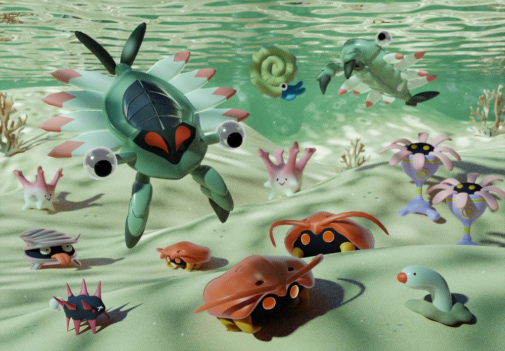 a 3d render of a shallow ocean, with all different prehistoric pokemon, including anorith, kabuto, lileep, omanyte, corsola, shellder, wiglett, and pyukumuku