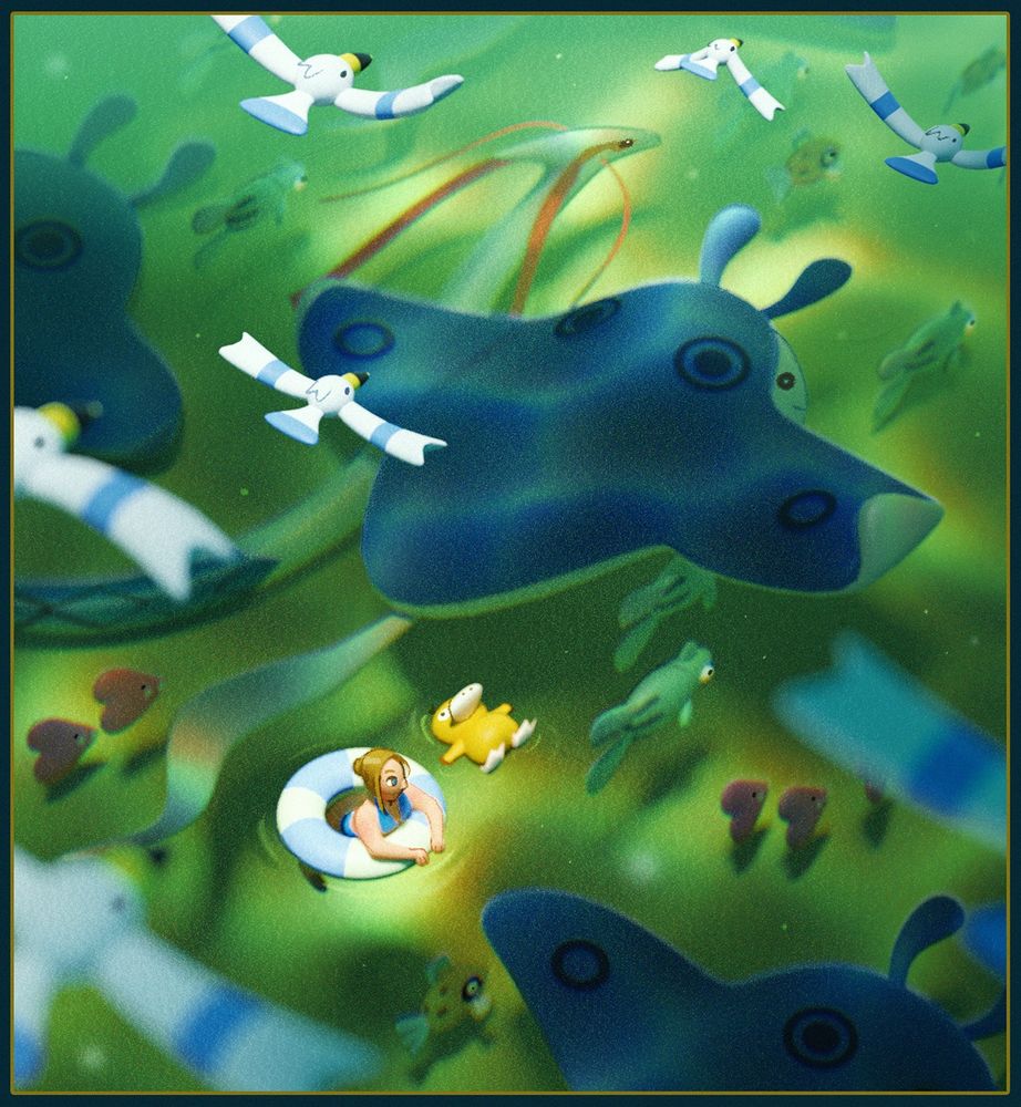 a stylized 3d render of an ocean filled with water pokemon, including mantine, remoarid, luvdisc, milotic, and feebas. a girl with a tube and a psyduck float on top of the surface.
