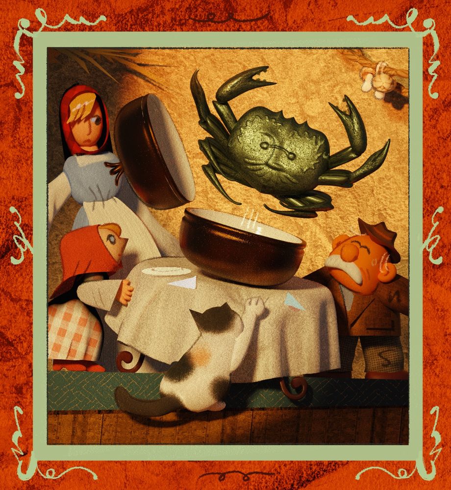 a stylized 3d illustration featuring a family getting surprised by a large crab with a man's face leaping out of a pan. based on a short story by bruno schulz of the same name
