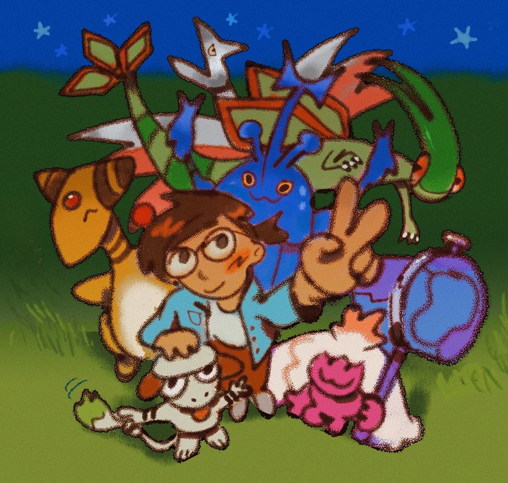 a sketchy colorful drawing of me with a team of my favorite pokemon (smeargle, tinkaton, ampharos, heracross, flygon, and skarmory)