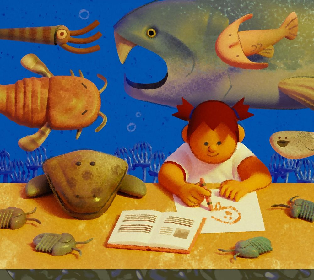 a stylized 3d render of a kid drawing at a table, surrounded by ancient fish and sea creatures of the devonian and silurian.