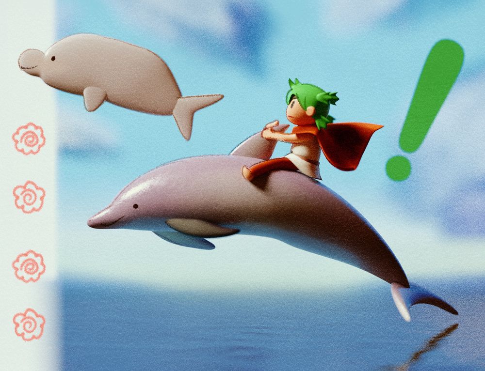 a 3d render of yotsuba riding a dolphin