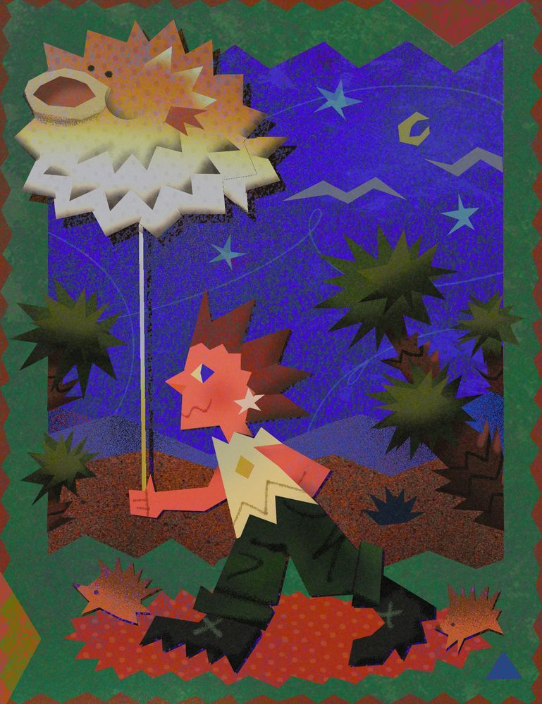 photoshop drawing of various POINTY THINGS (hair, pufferfish, hedgehog, joshua tree)