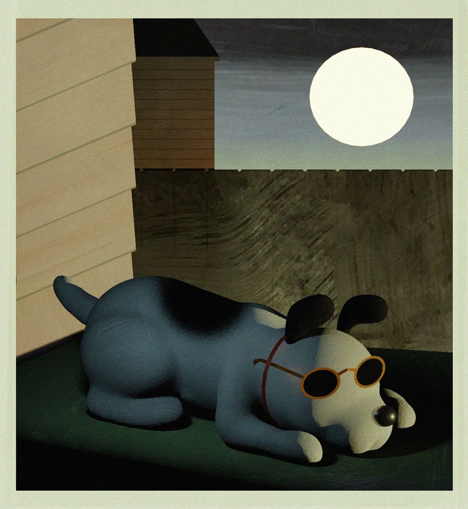 a blender render of a nancy comic panel, with a dog sleeping with sunglasses.