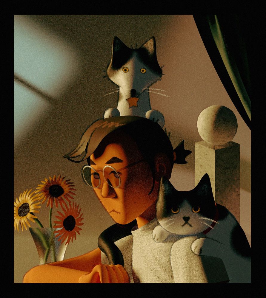self portrait with my two cats crawling on me, in stylized 3d