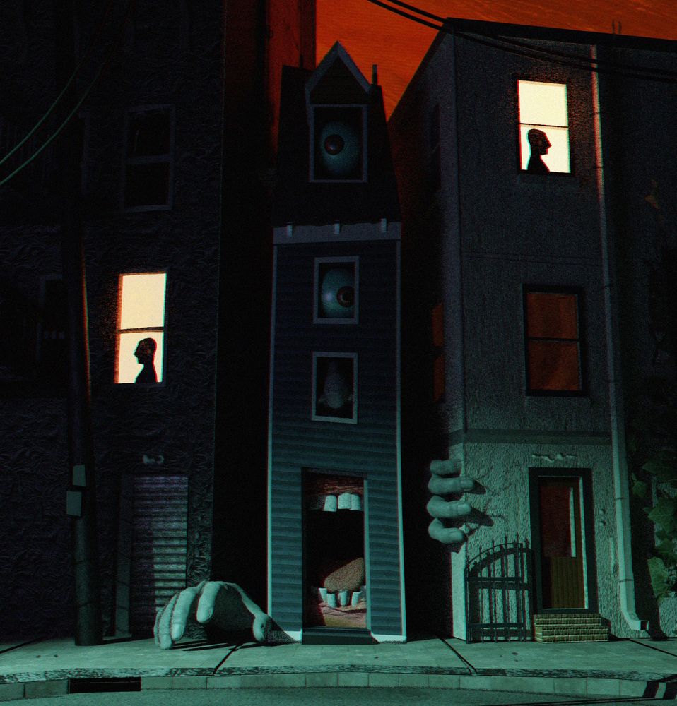 a stylized 3d horror render of a spite house - a very thin building built between two others. two figures are visible through the adjoining buildings' windows.