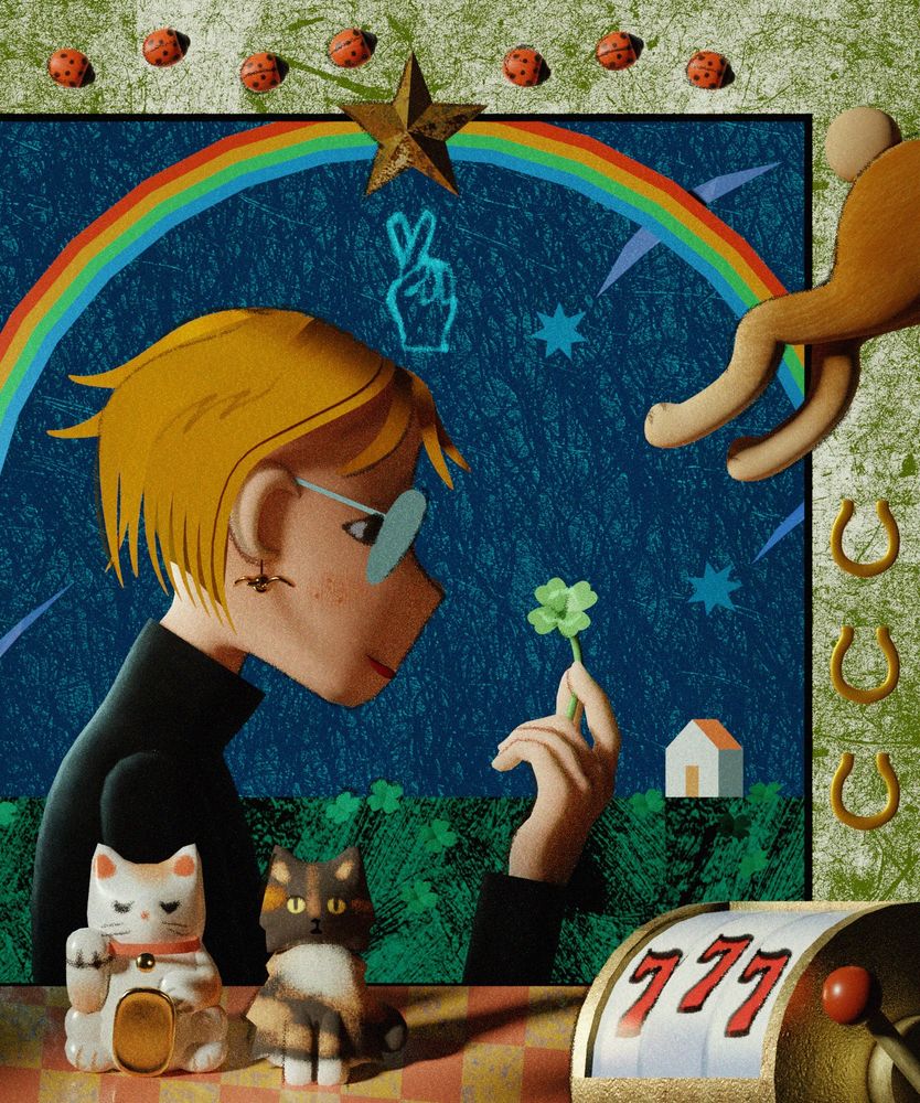 a stylized 3d render of a person looking at a four leaf clover, surrounding by other traditionally lucky items (tortoiseshell cat, lucky 7s, horseshoes facing up, rabbit's foot, ladybugs, barnstar)