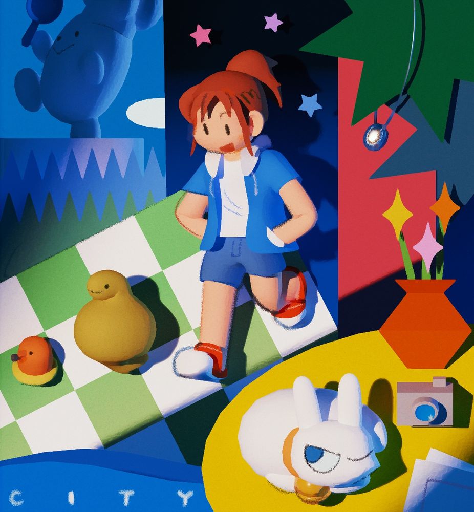 a stylized render of nagumo from CITY the animation with a variety of little characters from the show