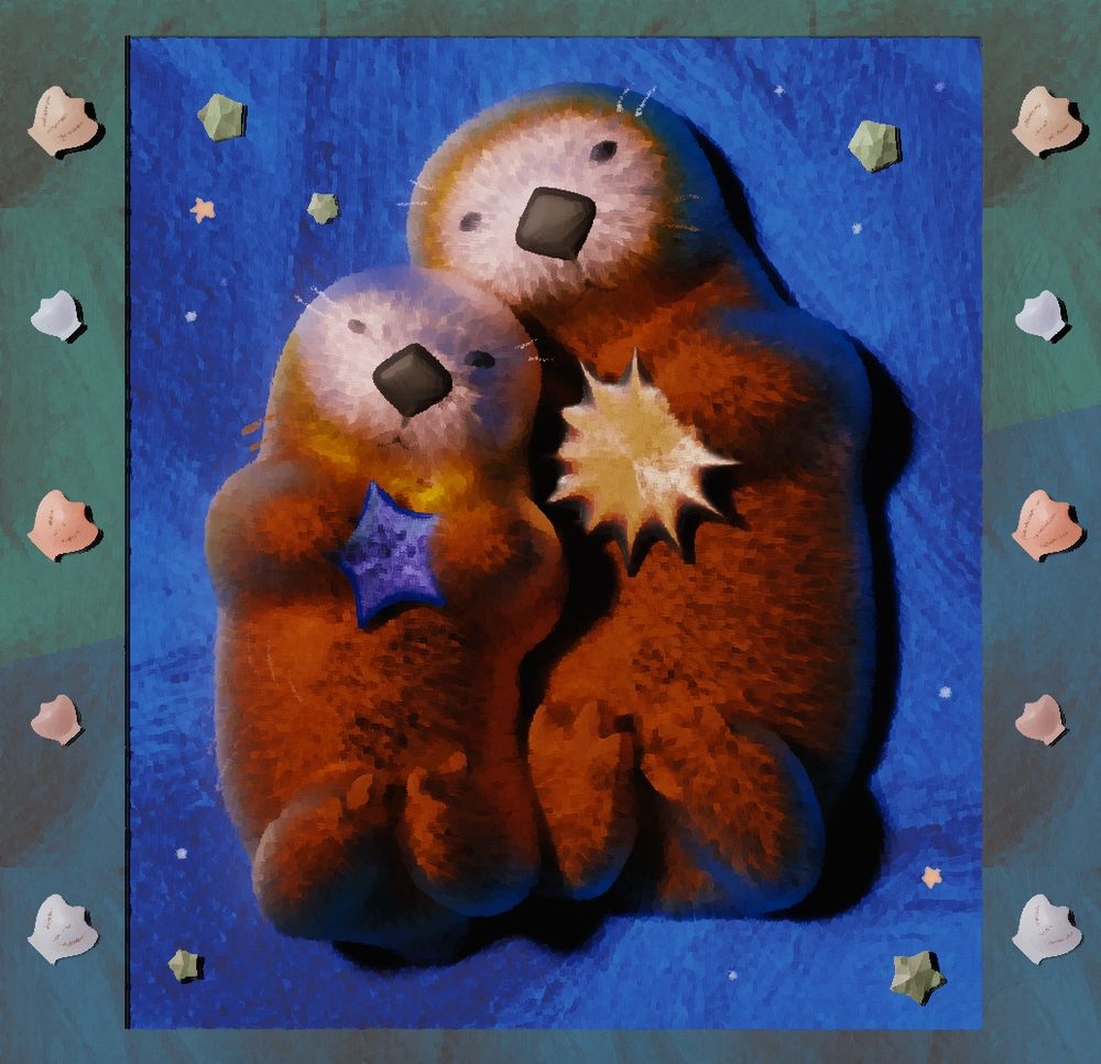 a 3d render of two sea otters holding a starfish and urchin on a stylized background.