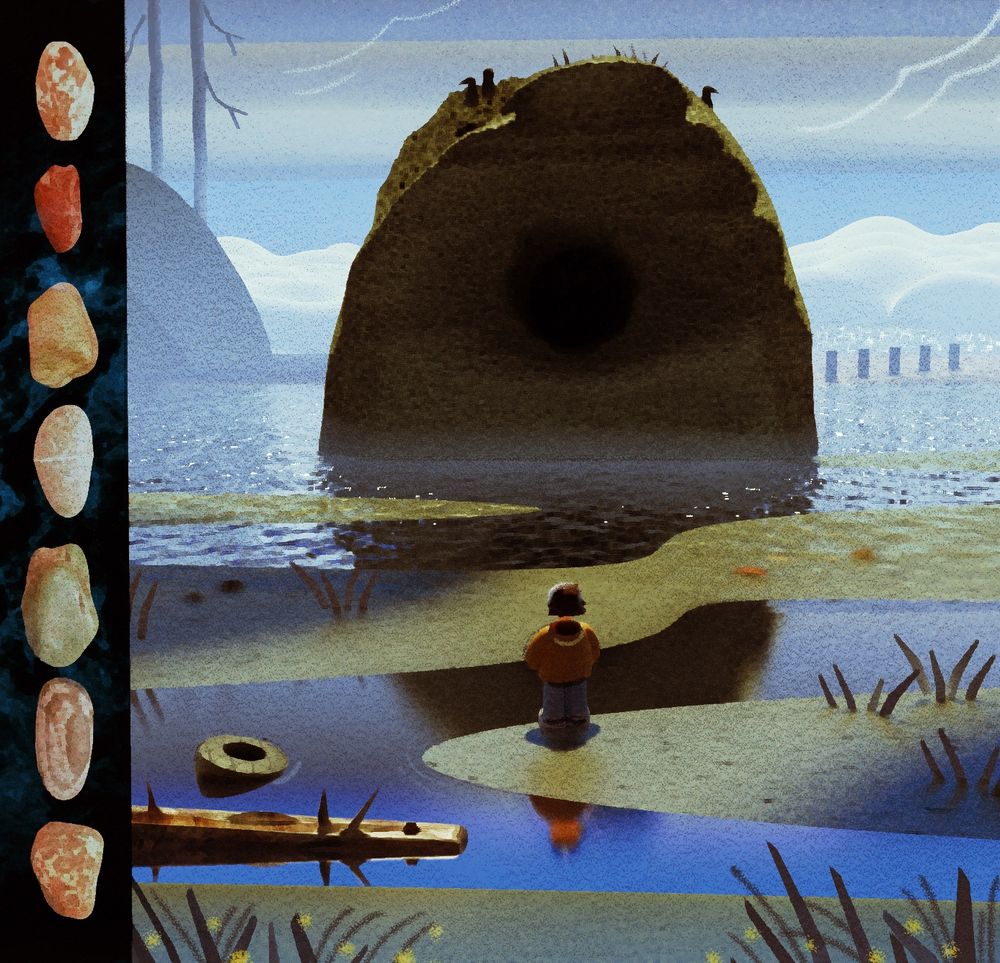 a moody 3d render of a large rock with a hole in it in a bay with the tide out. a person stands and looks at it.