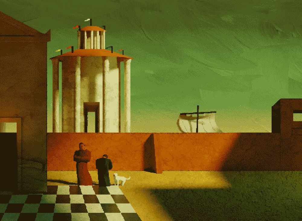 a 3d pixelated render study of the Giorgio de Chirico painting "The Enigma of the Arrival and Afternoon"