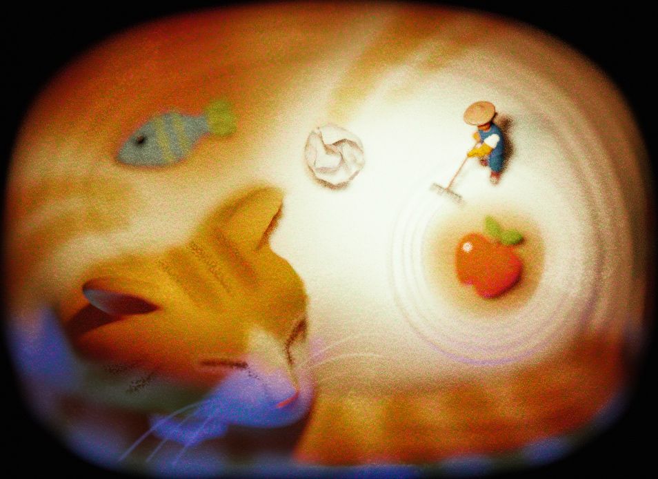 a stylized 3d render of a cat curled up in sleep, with a small person standing on them raking them in the style of a japanese rock garden.