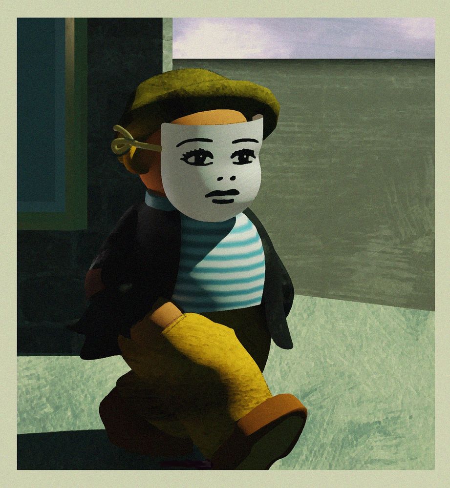 a blender render of a nancy comic panel, with sluggo walking with a scary mask on.