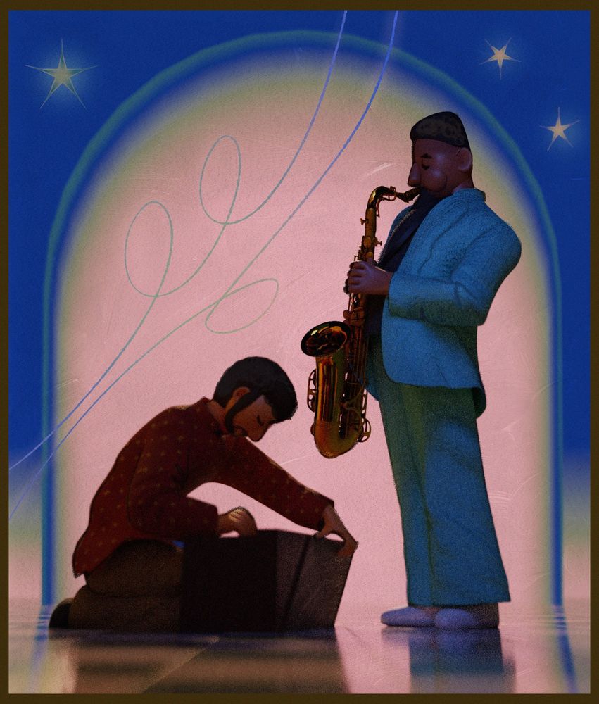 a stylized 3d render of pharoah sanders and paul arslanian