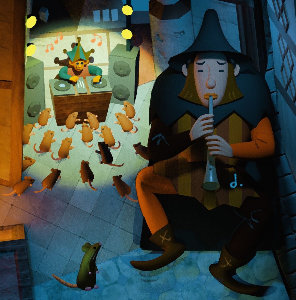 a stylized 3d render of the pied piper, sadly playing for one rat while a dj jester plays for many.