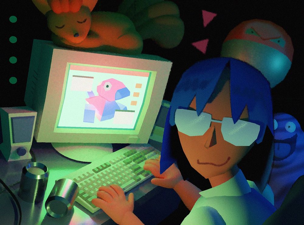a stylized 3d render of the pokemon trainer class Super Nerd on the computer, with an assortment of pokemon often associated with them.