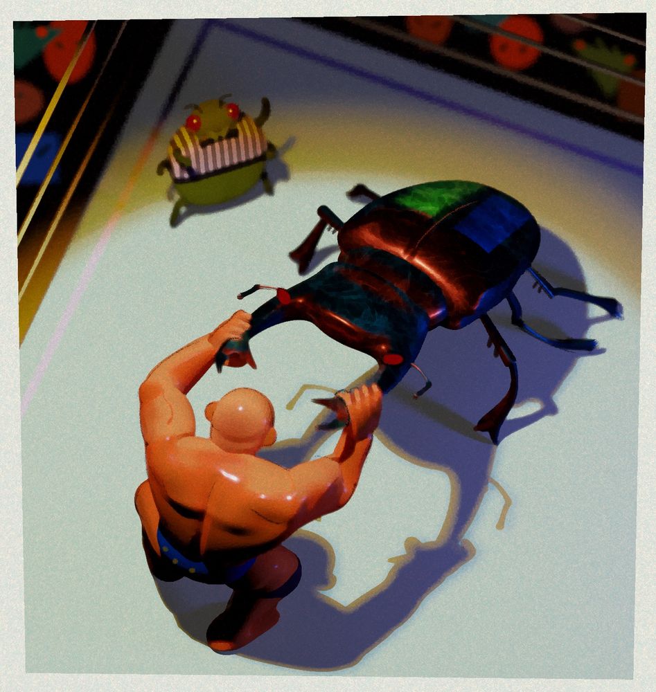 a stylized downshot 3d render of a man wrestling a stag beetle