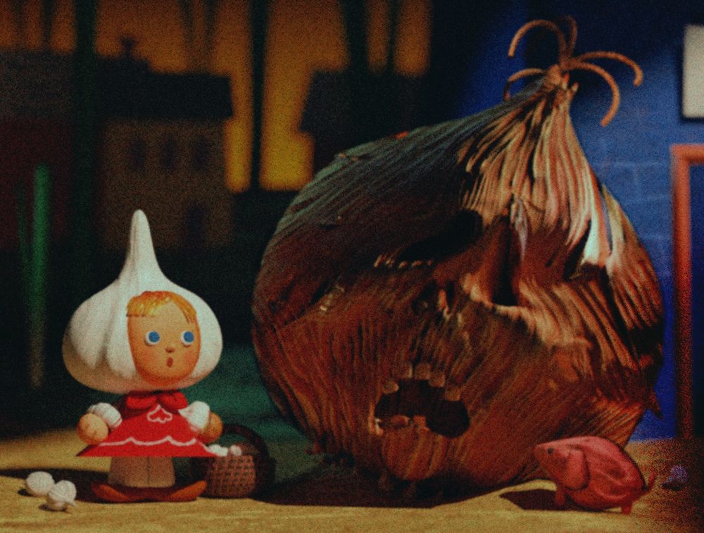 a stylized 3d render of a garlic girl and shallot dog who find...a mysterious faced onion. 